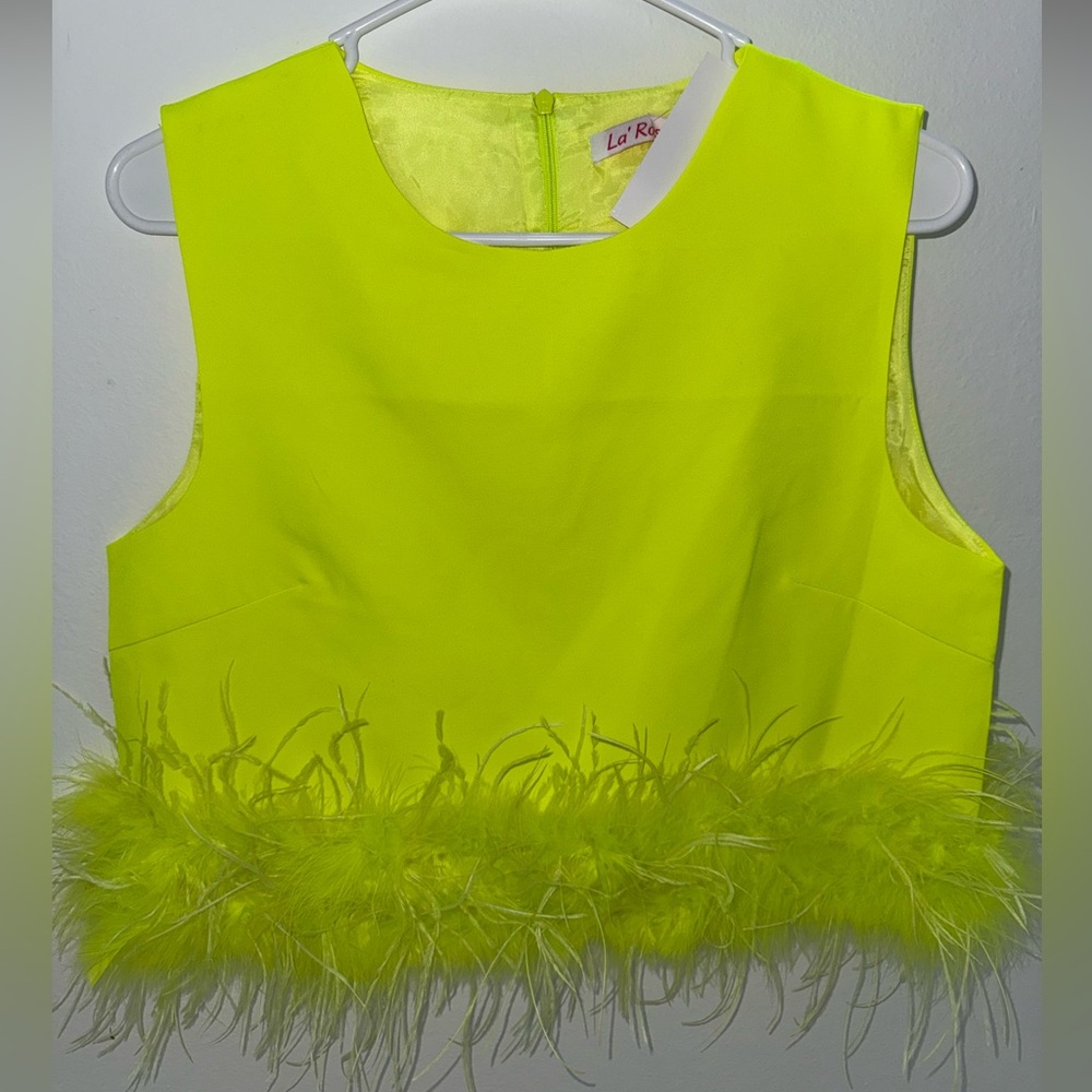 Neon Yellow Feather Trim Crop Top